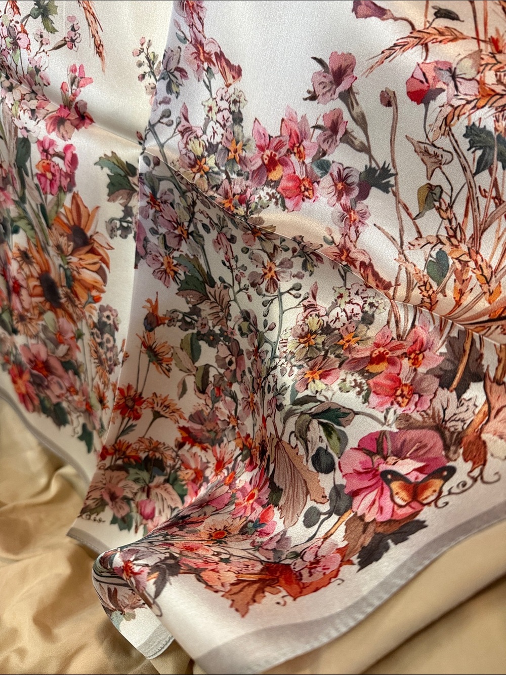 100% silk scarf Floral Garden Printed in Cream and Pink